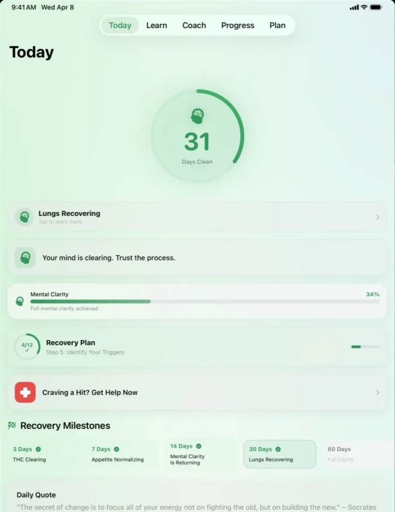 ThriveRecovery Today screen with streak, daily plan, and check-in